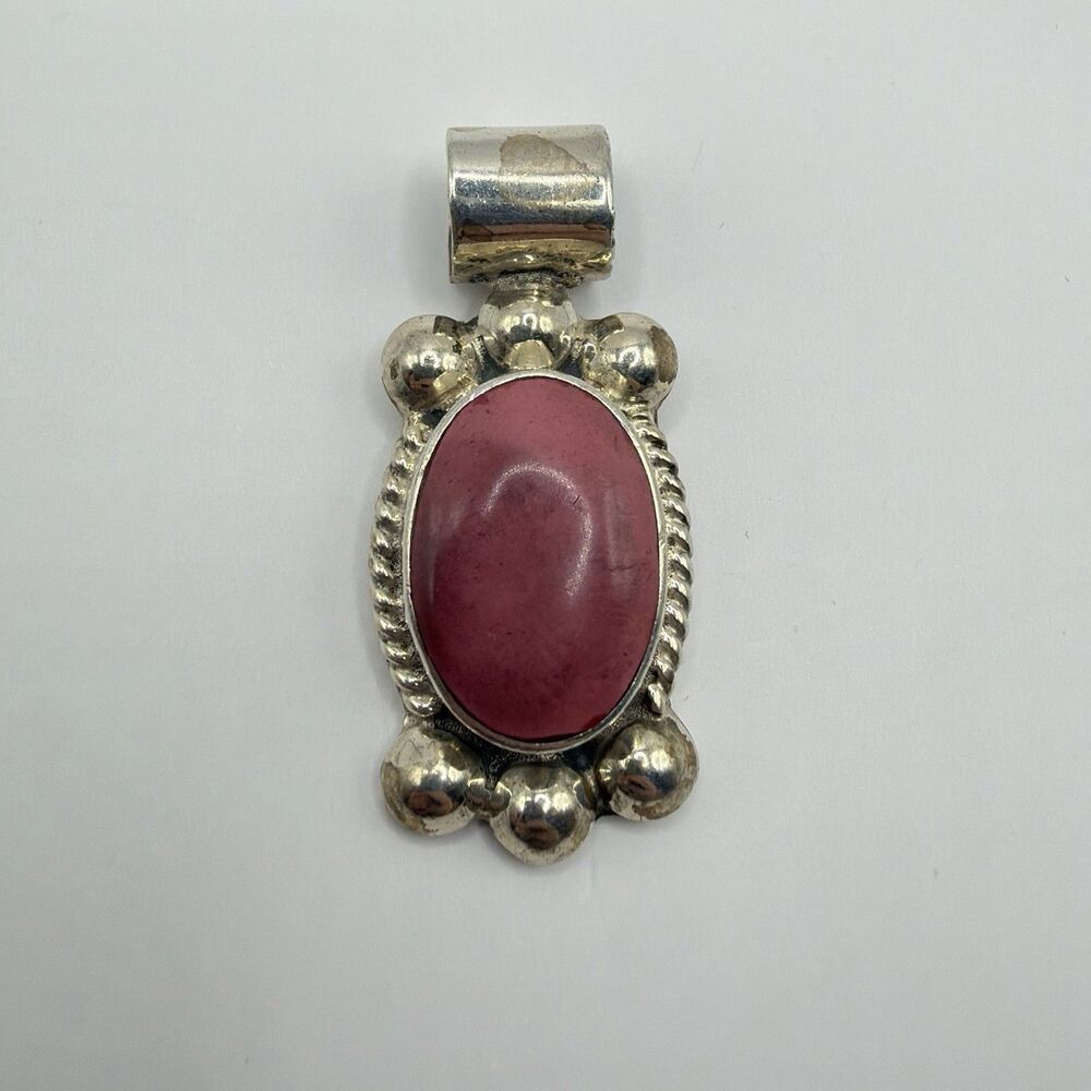 Vintage 925 Sterling Silver Pink Red Stone Pendant Southwestern 1.8" 9.1g